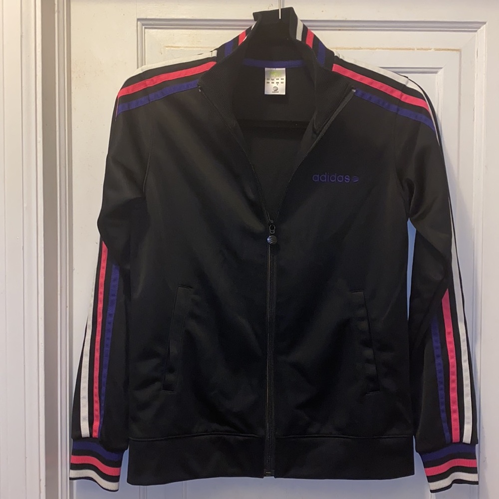 EUC Adidas black track jacket with striped sleeves
